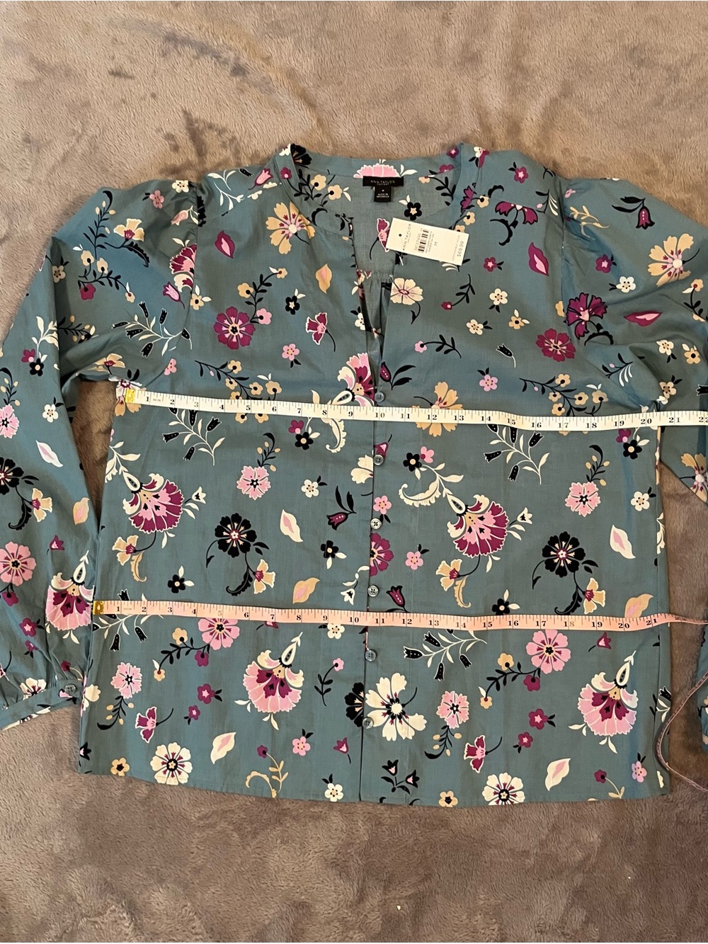 Ann Taylor Teal Floral Long-Sleeve Button Blouse - Picture 4 of 5